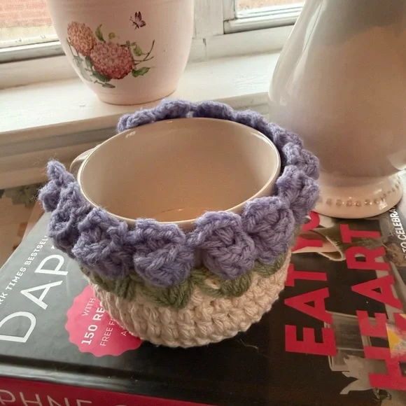 Handmade Crochet Floral Mug Cozy Purple & Green Cottagecore Coffee Cup Sleeve - Picture 3 of 5